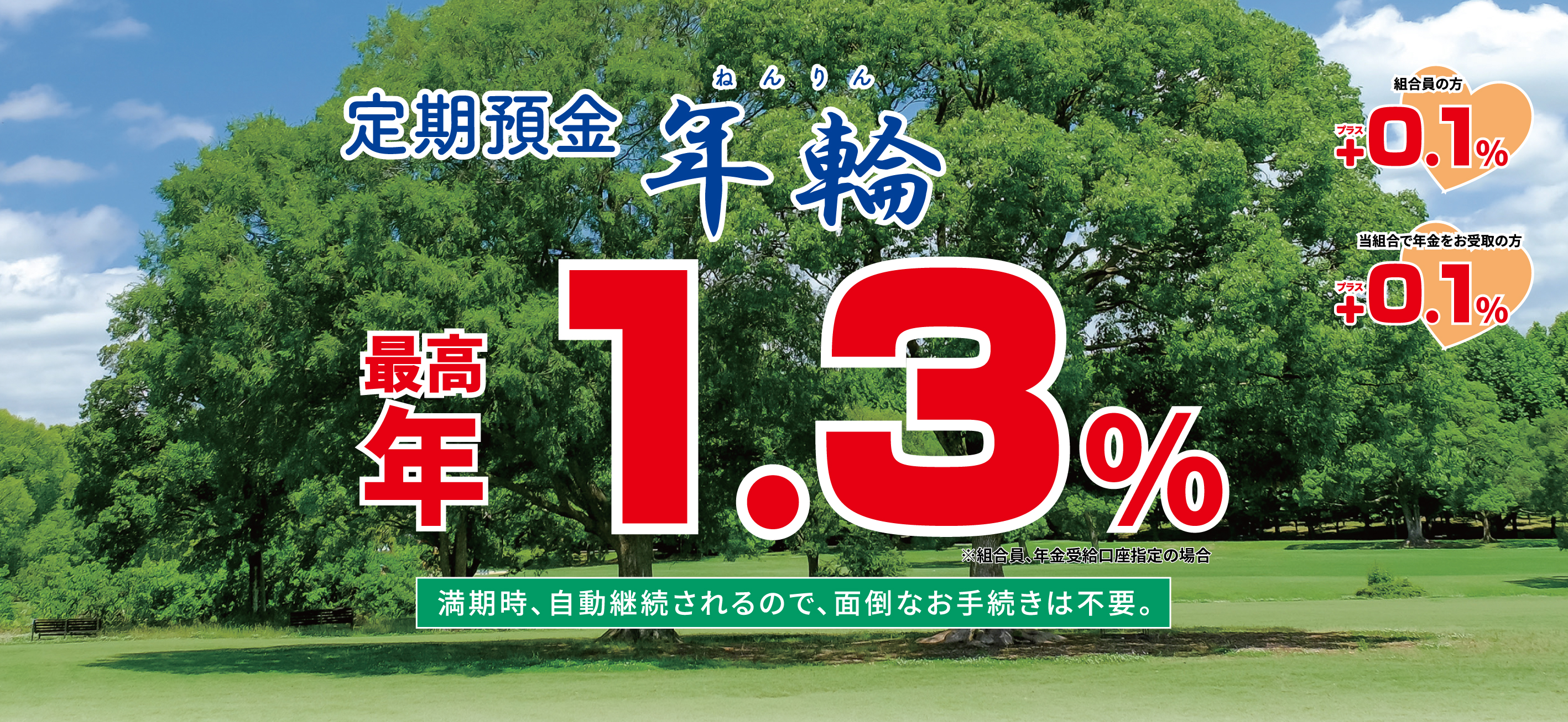 定期預金年輪自動継続限定定期預金満期時、自動継続されるので、面倒なお手続きは不要。最高年0.6%税引後年0.478%※組合員、年金受給口座指定の場合
